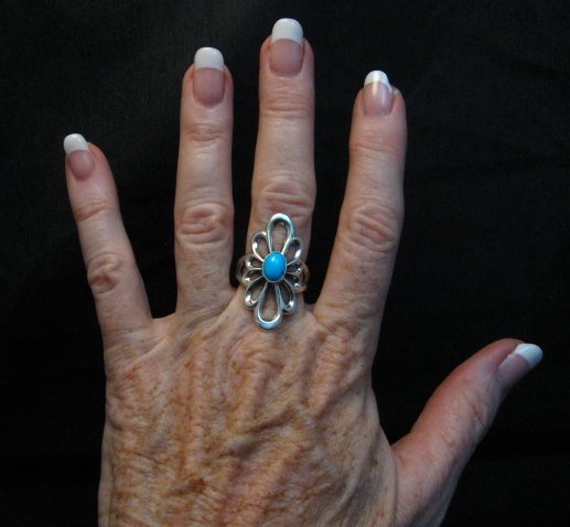 Image 2 of Fancy Navajo Tufa Sterling Silver Turquoise Ring sz9