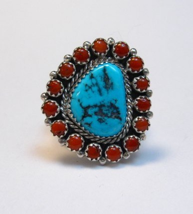 Image 0 of Navajo Native American Turquoise Coral Cluster Silver Ring sz9-1/2