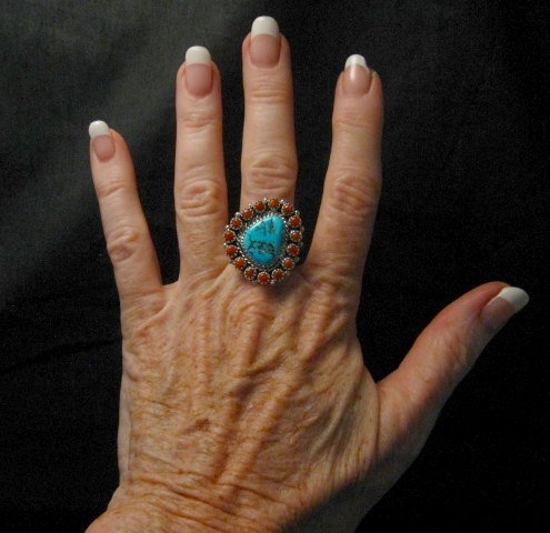 Image 1 of Navajo Native American Turquoise Coral Cluster Silver Ring sz9-1/2