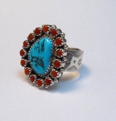Image 2 of Navajo Native American Turquoise Coral Cluster Silver Ring sz9-1/2