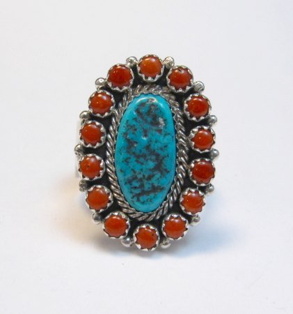 Image 0 of Navajo Gaynell Parker Turquoise Coral Cluster Silver Ring sz10