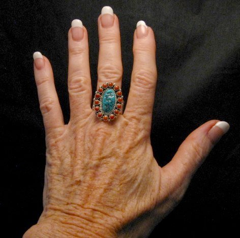 Image 2 of Navajo Gaynell Parker Turquoise Coral Cluster Silver Ring sz10