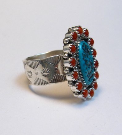 Image 3 of Navajo Gaynell Parker Turquoise Coral Cluster Silver Ring sz10