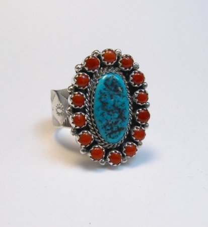 Image 4 of Navajo Gaynell Parker Turquoise Coral Cluster Silver Ring sz10