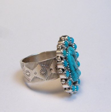 Image 1 of Navajo Native American Turquoise Cluster Silver Ring sz9, Gaynell Parker