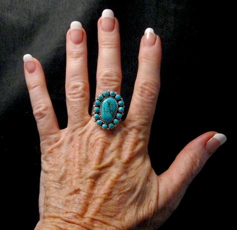 Image 2 of Navajo Native American Turquoise Cluster Silver Ring sz9, Gaynell Parker