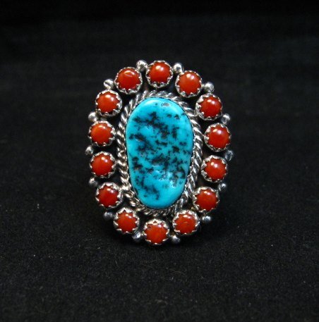 Image 0 of Navajo Gaynell Parker Turquoise Coral Silver Ring sz8-7/8