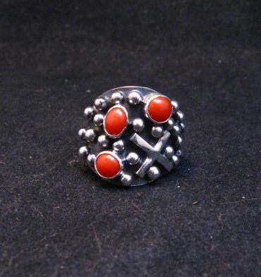 Image 0 of Navajo Ronnie Willie Coral Four Corners Cross Ring sz6-1/2
