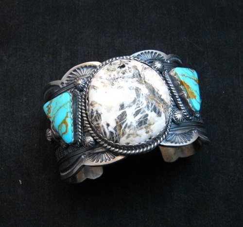 Image 0 of Navajo Old Pawn Style White Buffalo & Royston Turquoise Bracelet by Gilbert Tom