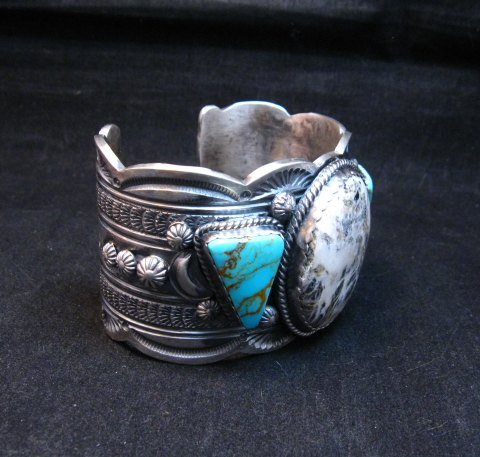 Image 2 of Navajo Old Pawn Style White Buffalo & Royston Turquoise Bracelet by Gilbert Tom