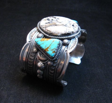 Image 7 of Navajo Old Pawn Style White Buffalo & Royston Turquoise Bracelet by Gilbert Tom