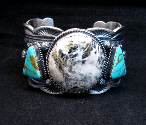 Image 4 of Navajo Old Pawn Style White Buffalo & Royston Turquoise Bracelet by Gilbert Tom