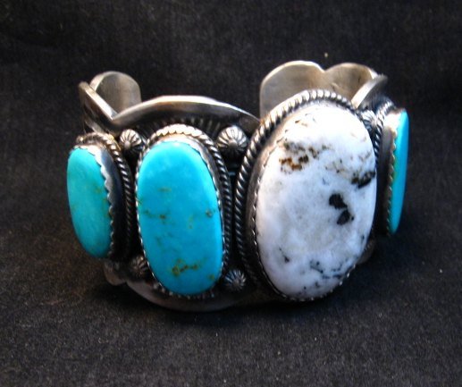 Image 3 of Navajo White Buffalo Turquoise Bracelet, Native American Gilbert Tom