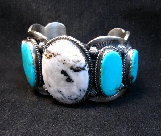 Image 4 of Navajo White Buffalo Turquoise Bracelet, Native American Gilbert Tom