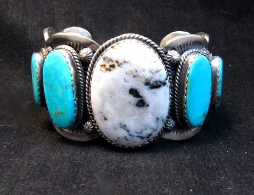 Image 6 of Navajo White Buffalo Turquoise Bracelet, Native American Gilbert Tom