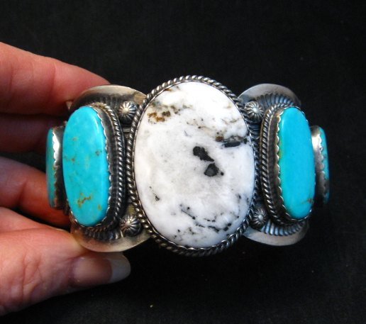 Image 8 of Navajo White Buffalo Turquoise Bracelet, Native American Gilbert Tom