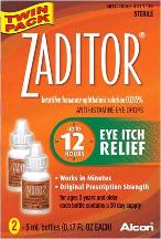 Zaditor Antihistamine Eye Drops, Twin Pack - 2 Bottles, 0.17 Fl oz Each By Alcon Vision Care Grp Item No.:4221940 NDC No.: UPC No.: 300654011064 Item Description: Eye Relief Products Other Name:Zadito